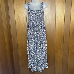 LOFT Jumpsuit Womens LP Navy Floral Smocked Wide Leg Crop Boho Cottagecore Fairy